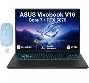ASUS Vivobook V16 Gaming Laptop 16.0" LCD WUXGA Display (Intel Core 7 240H, 64GB DDR5, 4TB PCIe SSD, NVIDIA GeForce RTX 5070, Backlit KB, WiFi 6, Webcam, Win 11 Home) w/Dockztorm Wireless Mouse ASUS Vivobook V16 Gaming Laptop 16.0" LCD WUXGA Display (Intel Core 7 240H, 64GB DDR5, 4TB PCIe SSD, NVIDIA GeForce RTX 5070, Backlit KB, WiFi 6, Webcam, Win 11 Home) w/Dockztorm Wireless Mouse