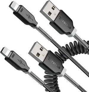 Coiled Lightning Cable for Car 2 Pack Coil iPhone Charger Cable Compatible with iPhone 12Pro Max/12Pro/12/11/XS/XS Max/XR/X/8/8 Plus/iPad/iPod - Black