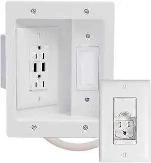 In Wall Cable Management Kit Hides All Cords, TV Power Kit Works with All TV Power Plugs, In Wall TV Power Kit Supports 5.1 Speaker System, Recessed TV Outlet, White, CPU306WV1