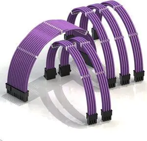 LINKUP - 50cm PSU Cable Extension Sleeved Custom Mod GPU PC Braided w/Comb Kit - Compatible with RTX30901 x 24 P (20+4)2 x 8 P (4+4) CPU3 x 8 P (6+2) GPU Set500mm - Purple