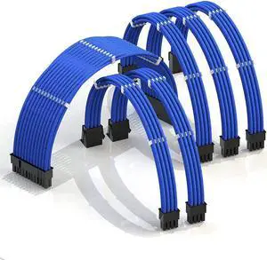 LINKUP - 50cm PSU Cable Extension Sleeved Custom Mod GPU PC Braided w/Comb Kit - Compatible with RTX30901 x 24 P (20+4)2 x 8 P (4+4) CPU3 x 8 P (6+2) GPU Set500mm - Blue