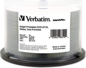 Verbatim DVD+r Dual Layer Printable Recordable Disc, 8.5 Gb, 8X, Spindle, White, 50/Pack