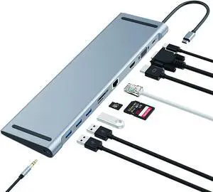 Docking Station, HOPDAY 10 in 1 Triple Display Laptop USB C Docking Station, USB C Hub Dock for MacBook & Windows ( HDMI, VGA, PD 100W, Ethernet, SD/TF Card Reader, Audio, 3 USB Ports) (10 in 1)