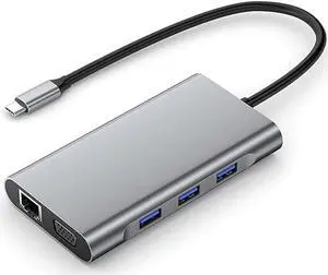 Port Expander Docking Station USB C Docking Station 10 in 1 with HDMI+VGA+1000M Ethernet+3 USB 3.0+SD/TF+USB-C PD+3.5mm Audio, USB C Hub USB Splitter