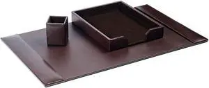 Bonded Set Luxury Leather Desk Pad & Desk Organization Essentials, 3 Piece, Dark Brown