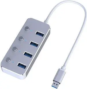 USB Hub Aluminum Alloy 4 Port USB 3.0 Hub Sub-Control Switch HUB 60/120cm Cable Upto 5Gbps Splitter (Color : Silver) (Silver)