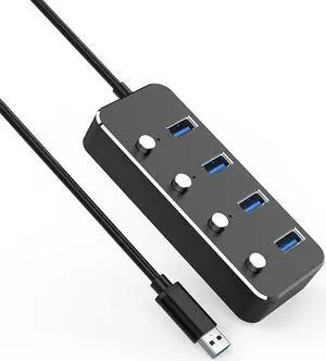 Aluminum Alloy 4 Port USB 3.0 Hub Sub-Control Switch HUB 60/120cm Cable Upto 5Gbps Splitter (Color : Silver) (Black)