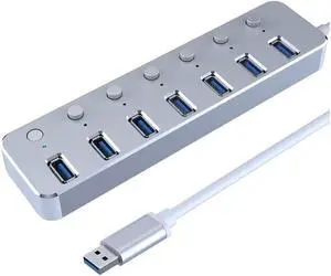 Aluminum 7-Port USB 3.0 Hub 120cm Cable Sub-Control Switch 5Gbps LED Indicator HUB Chargeable Splitter for Multi USB Devices (Color : Silver)
