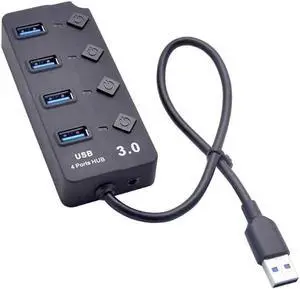 USB 3.0 Hub Splitter 4 Port High Speed Individual On/Off Switch AC Power Adapter for Laptop PC