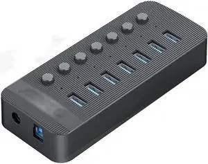 7 Port Powered USB 3.0 HUB BC1.2 Charger Splitter with Individual on/Off Switches and 12V/2A Power Adapter for PC Computer