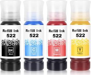 CoYlBod Dye Regular Printing Refill Ink Compatible for Ecotank 522 T522 Ink Bottle for ET-2720 ET-2800 ET-2803 ET-4700 ET-4800 All-in-One Printer Black, Cyan, Magenta, Yellow 4-Pack 4 Colors
