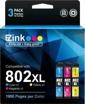 E-Z Ink (TM) Remanufactured Ink Cartridge Replacement  802XL 802 T802XL T802 to use with Workforce Pro WF-4740 WF-4730 WF-4720 WF-4734 EC-4020 EC-4030 (1 Cyan, 1 Magenta, 1 Yellow)