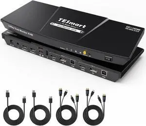 DisplayPort + HDMI KVM Switch 2 Monitors 2 Computers 4K@60Hz, Dual Monitor KVM Switch 2 Port Extended Display, EDID Emulators, USB 2.0, L/R Audio, Hotkey Switch, Button Switch with All Cables