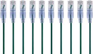 Monoprice SlimRun Cat6A Ethernet Patch Cable - Network Internet Cord - RJ45, Stranded, UTP, Pure Bare Copper Wire, 30AWG, 6in, Green, 10-Pack