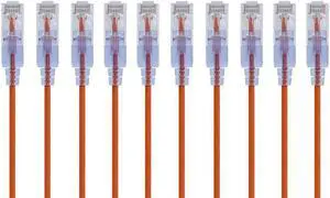 Monoprice SlimRun Cat6A Ethernet Patch Cable - Network Internet Cord - RJ45, Stranded, UTP, Pure Bare Copper Wire, 30AWG, 6in, Orange, 10-Pack