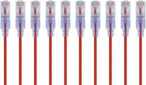 Monoprice SlimRun Cat6A Ethernet Patch Cable - Network Internet Cord - RJ45, Stranded, UTP, Pure Bare Copper Wire, 30AWG, 6in, Red, 10-Pack