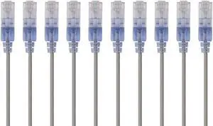 Monoprice SlimRun Cat6A Ethernet Patch Cable - Network Internet Cord - RJ45, Stranded, UTP, Pure Bare Copper Wire, 30AWG, 6in, Gray, 10-Pack
