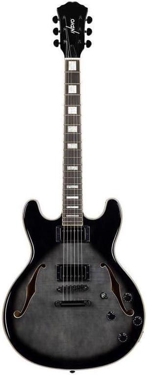 Monoprice Indio Boardwalk Flamed Maple Hollow Body Electric Guitar - Charcoal, With Gig Bag
