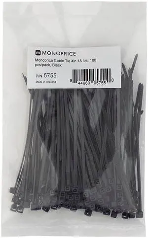 Monoprice 4-inch Cable Tie, 100pcs/Pack, 18 lbs Max Weight - Black