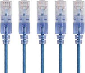 Monoprice SlimRun Cat6A Ethernet Patch Cable - Network Internet Cord - RJ45, 550Mhz, UTP, Pure Bare Copper Wire, 10G, 30AWG, 14ft, Blue, 5-Pack