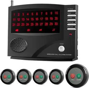 SYNLETT Wireless Call System Nurse Call System with 5 Dual Function Call Buttons and 1 Central Monitoring Unit for Clinic Restaurant Nursing Home Patients Caregiver Residents