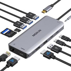 USB C Docking Station Dual Monitors 12 in 1 USB C Hub for Windows with Dual HDMI 4K, PD Charger, USB-C Data Transfer, Gigabit Ethernet, 4 USB Ports, SD/TF Card Reader, Mic/Audio for Lenovo HP Dell XPS