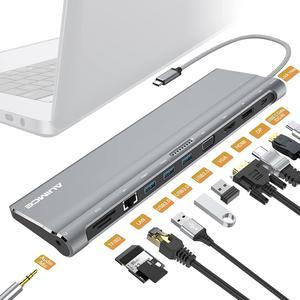 USB C Docking Station Triple Monitor, Laptop Docking Station with HDMI, DP, VGA, 100W PD Port, 3 USB A 3.0, Gigabit Ethernet, Audio, SD/TF, for Full-Featured Type C MacBook Windows Devices