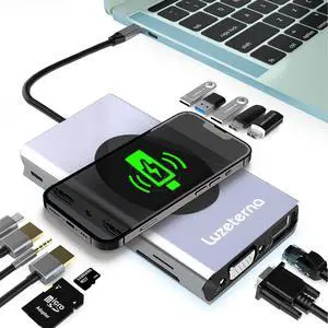 14 in 1 Docking Station with Wireless Charging,Triple and 4K Display,Dual HDMI for USB C Hub,100W PD, 5 USB Ports,SD,TF,VGA,Compatible for Multiple Device:Switch,MacBook,Dell,Thinkpad