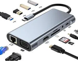 NA USB C Hub 11 in 1, USB C Laptop Docking Station C Adapter Compatible with MacBook and Windows Ethernet 4 USB Ports (Type C Device 3 USB2.0, 1 USB3.0, 1 HDMI, PD, SD+TF100W +VGA+Audio)