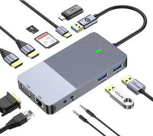 USB 3.0 Hub Dual HDMI VGA Adapter Compatible - USB Docking Station, 11 in 1 Triple Display Laptop Docking Station Dual Monitor, for HP, Dell, USB Dock