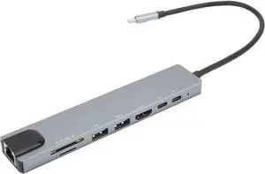 8 Port Type C Hub with USB 3.0, PD, RJ45, and Memory Card Reader for Laptops High Speed Data Transfer and Charging