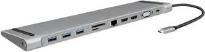 UA0373 - USB 3.2 (Gen 1) Docking Station with 11 Ports and PD (Power Delivery) 100 W, 3 x USB / 2 x HDMI / 1 x VGA / 1 x CardReader / 1 x RJ45 / 1 x 3.5 mm/Black, Silver