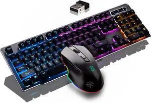 MK500 Wireless Keyboard and Mouse Combo, Ergonomic Full Size Antighosting Multimedia Keys with Optical Backlit Mice, 2.4G Rechargeable RGB Gaming Office Set for PC Laptop Computer Desktop (Black)