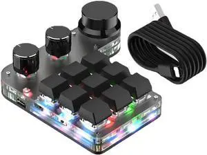 One Handed Mechanical Gaming Keyboard, 9 Keys RGB Multifunctional Mechanical Keypad, Programming KeyPad with 3 Knobs, Plug and Play, for Office Game Music Media Industrial Control