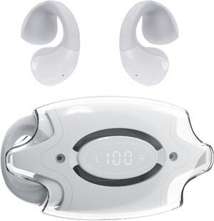 Ear Clip Headphones, Open Ear Headphones Bluetooth 5.3 with Mic/Display, Wireless Ear Clips Earbuds, 24 Hours Playtime Waterproof Ear Buds with Charging Case for Sport, Travel, Workout - White