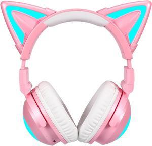 kuayang Wireless Cat Ear Headphones (7 Color Changing) with & 3.5mm Jack, Gaming Pro, Bluetooth&Wired Connection (Pink)
