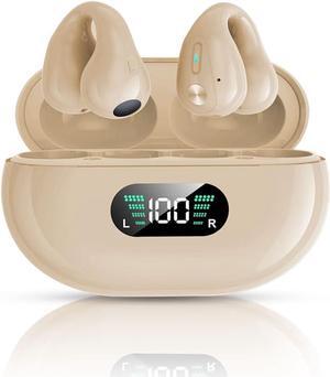 HCPBRS 2023 New Wireless Ear Clip Bone Conduction Headphones, Open Ear Headphones Mini Bone Conduction Headphones, Bluetooth 5.3 Sports Waterproof Headphones Wireless Earbuds with Earhooks (X- Khaki)
