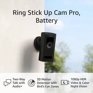 Ring Stick Up Cam Pro Battery | Two-Way Talk with Audio+, 3D Motion Detection with Birds Eye Zones, and 1080p HDR Video & Color Night Vision (2023 release), Black