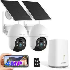TMEZON 2-Cam Security Camera Wireless Outdoor System: Solar Power Camera with 2K Color Night Vision, 360° Pan-Tilt & Auto Tracking, No Subscription, Solar Camera Outdoor Wireless, 2.4G WiFi
