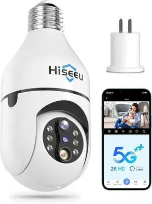 Hiseeu Light Bulb Security Camera Wireless WiFi 5G 2.4GHz,10X Zoom PTZ Light Socket Security Camera for Home, 2-Way-Audio, Auto Tracking Alarm, 3MP Color Night Vision, SD Cloud Storage Dual Lens