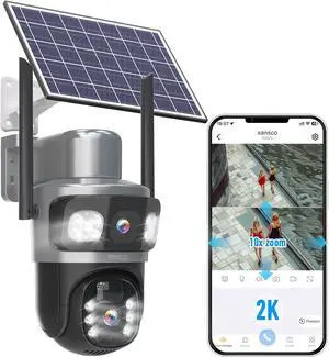SANSCO 2K 4MP Dual-Lens Solar Security Camera Wireless Outdoor, Battery Powered PTZ Camera for Home Security, Color Night Vision, 2-Way Audio, PIR Motion Detection, Humanoid Auto Tracking