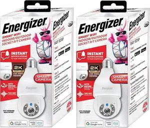 Energizer Smart Light Bulb 2K Security Camera 2-Pack, Outdoor Socket Camera, Auto Tracking, Pan & Tilt, Night Vision, 2-Way Audio, Instant Alerts, 2.4GHz Wi-Fi, Works with Google Home & Alexa