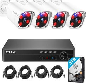 CKK 4K 8channel with 3TB PoE Security Camera System, 4Pcs PoE Surveillance Cameras NVR System with 2-Way Audio, AI Human Detection, Floodlight, Flashing red and Blue Lights Home Outdoor Cameras