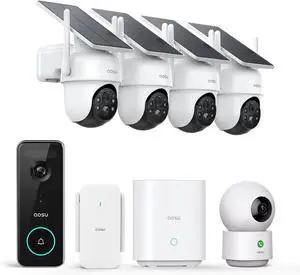 AOSU Home Security System DIY Kit, SolarCam D1 Classic 4 Kit + 5MP Doorbell Camera Wireless + 2K Indoor Camera.
