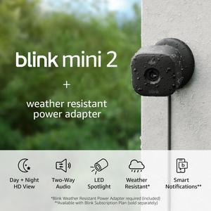 Blink Mini 2 + Weather Resistant Adapters  Plug-in smart security camera, indoor/outdoor, HD night view in color, built-in spotlight, motion detection, Works with Alexa  3 cameras (Black)