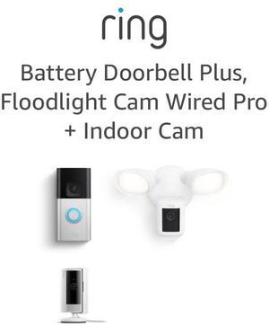 Ring Floodlight Cam Wired Pro, White with Ring Battery Doorbell Plus and All-new Ring Indoor Cam, White