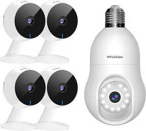 1080P Security Cameras 4pcs+4MP Bulb Security Camera 2.4GHz,360° 2K Security Cameras, Home Security Camera Indoor, Wi-Fi Cameras Wired for Pet, Motion Detection, Two-Way Audio, Night Vision, Phone App