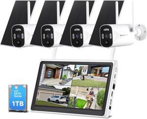 2K WiFi 6 Wireless Solar Security Camera System with Monitor, 4pcs Battery Security Cameras with Forever Solar Power, 10CH WiFi NVR Built-in 10.1" Monitor with 1TB Storage, 2.4&5G Dual-Band