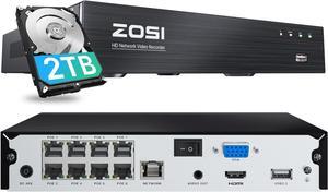 ZOSI 4K 8CH PoE NVR, H.265+ 8 Ports 16 Channel 8MP Network Video Recorder for Home Surveillance System, Pre-Installed 2TB Hard Drive, 24/7 Recording, Only Work with 4K/5MP/3MP HD ZOSI PoE Cameras