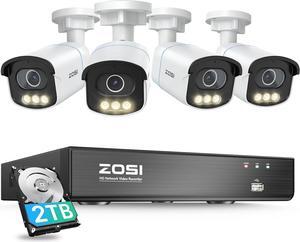 ZOSI C186 4K 8CH Aurora Lux True Color Night Vision PoE Security Camera System, 4 X 5MP 3K IP PoE Camera, 1 X 8CH 8MP PoE NVR for 24/7 Record, AI Human Vehicle Detect, Spotlight Siren, 2-Way Talk
